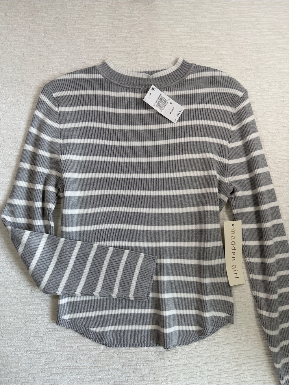 Madden Girl Gray and White Striped Crewneck Sweater
